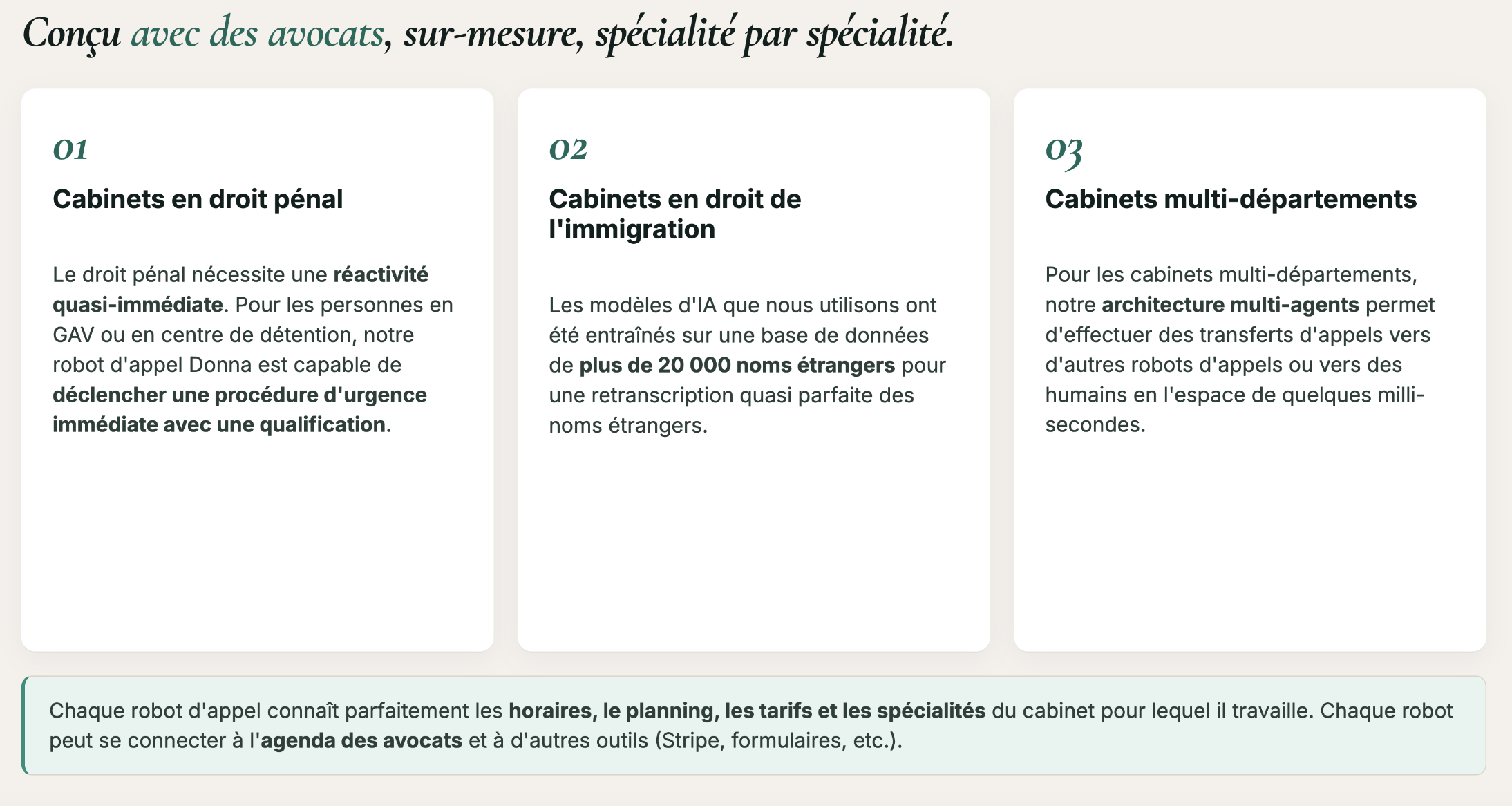 Trois assistants téléphoniques Dylaw spécialisés : droit pénal, droit de l'immigration et cabinets multi-départements