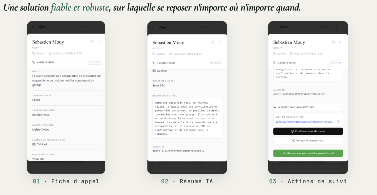 Les trois interfaces Dylaw : fiche d'appel, résumé IA et actions de suivi